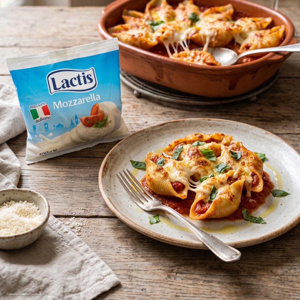 Piatto di conchiglioni al forno con sugo di pomodoro, mozzarella Lactis filante e basilico