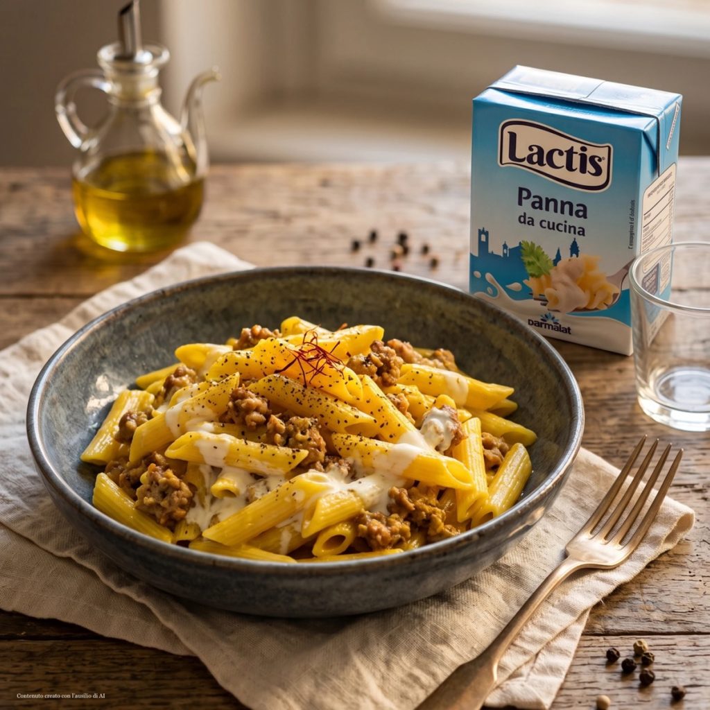 Piatto di penne rigate con crema di panna Lactis allo zafferano, salsiccia e pepe nero