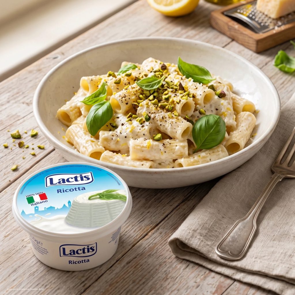 Piatto di rigatoni con crema di ricotta Lactis, granella di pistacchio e basilico